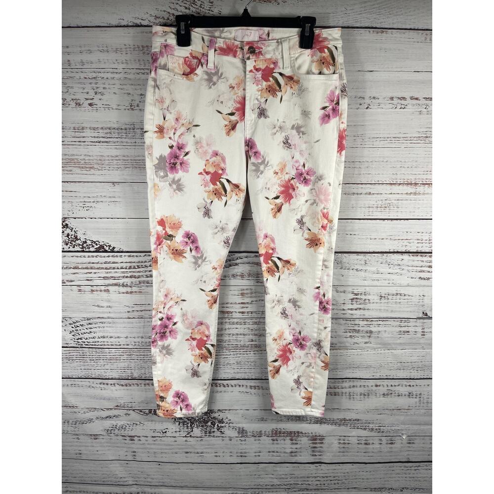 Jen7 Ankle Skinny Jeans Size 32 Floral White Pink Stretch Casual Pants Spring